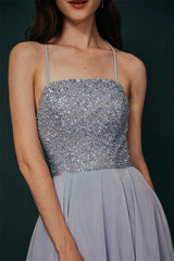 Sparkle Beaded Silver Halter Short Criss-cross Homecoming Dress-Ballbella