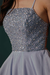 Sparkle Beaded Silver Halter Short Criss-cross Homecoming Dress-Ballbella