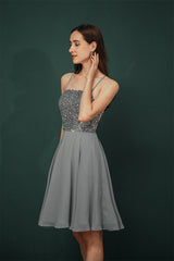 Sparkle Beaded Silver Halter Short Criss-cross Homecoming Dress-Ballbella