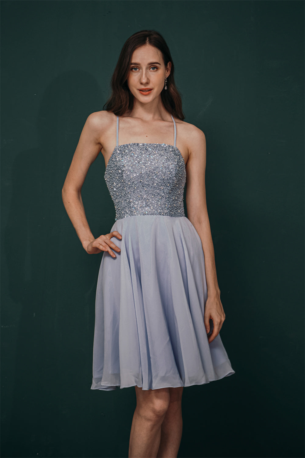 Sparkle Beaded Silver Halter Short Criss-cross Homecoming Dress, Dark Gray / US2 Sparkle Beaded Silver Halter Short Criss-cross Homecoming Dress, Dark Gray / US2