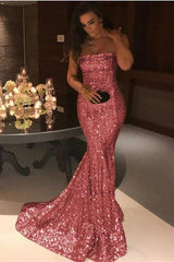 Sparkle Gold Sequins Mermaid Evening Gowns Chic Strapless Prom Dresses-Ballbella