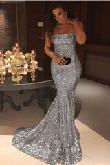 Sparkle Gold Sequins Mermaid Evening Gowns Chic Strapless Prom Dresses-Ballbella