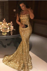 Sparkle Gold Sequins Mermaid Evening Gowns Chic Strapless Prom Dresses-Ballbella