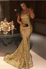 Sparkle Gold Sequins Mermaid Evening Gowns Chic Strapless Prom Dresses-Ballbella