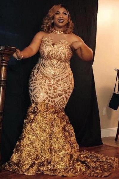 Sparkle Golden Sequined High neck Plus size Mermaid Prom Party Gowns with Flower Train Sparkle Golden Sequined High neck Plus size Mermaid Prom Party Gowns with Flower Train