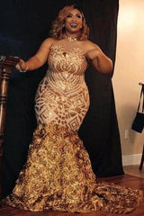 Sparkle Golden Sequined High neck Plus size Mermaid Prom Party Gowns with Flower Train-Ballbella