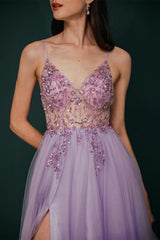 Sparkle Lilac Tulle High-split Spaghetti Strap Prom Dress-Ballbella
