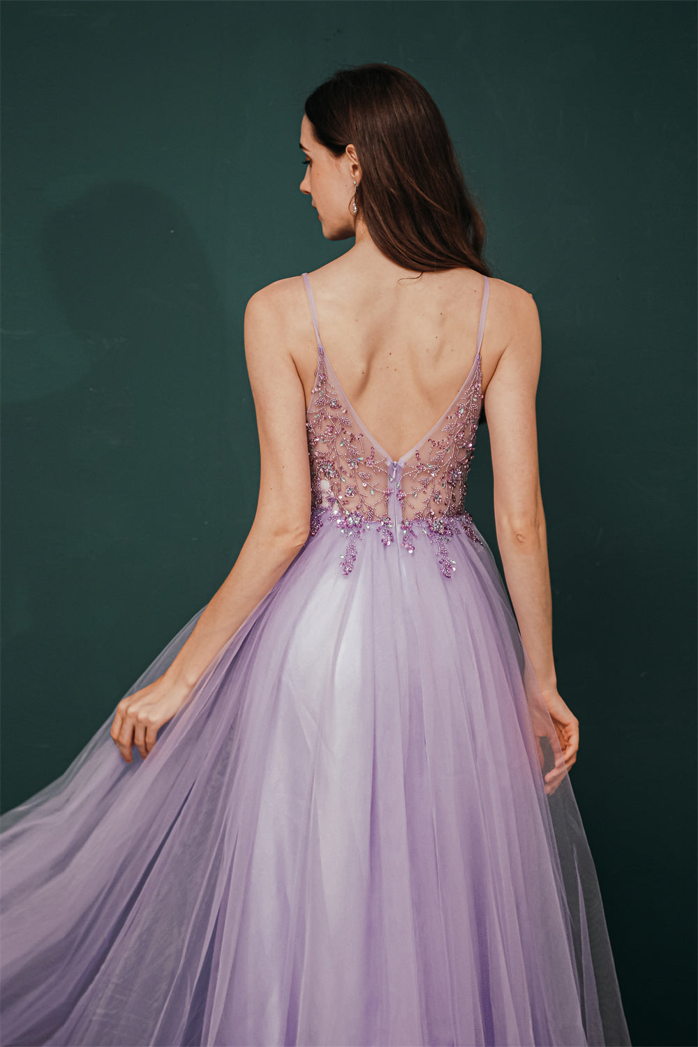 Sparkle Lilac Tulle High-split Spaghetti Strap Prom Dress, Lilac / US2 Sparkle Lilac Tulle High-split Spaghetti Strap Prom Dress, Lilac / US2