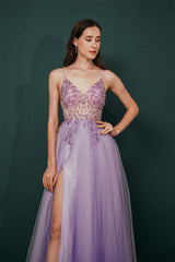Sparkle Lilac Tulle High-split Spaghetti Strap Prom Dress-Ballbella
