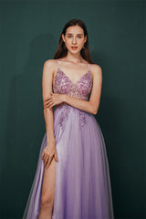 Sparkle Lilac Tulle High-split Spaghetti Strap Prom Dress-Ballbella