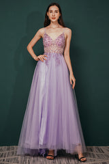 Sparkle Lilac Tulle High-split Spaghetti Strap Prom Dress-Ballbella