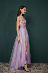 Sparkle Lilac Tulle High-split Spaghetti Strap Prom Dress-Ballbella