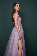 Sparkle Lilac Tulle High-split Spaghetti Strap Prom Dress-Ballbella