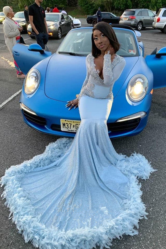 Sparkle Mermaid V-neck Luxurious Feather Long Prom Dresses Sparkle Mermaid V-neck Luxurious Feather Long Prom Dresses