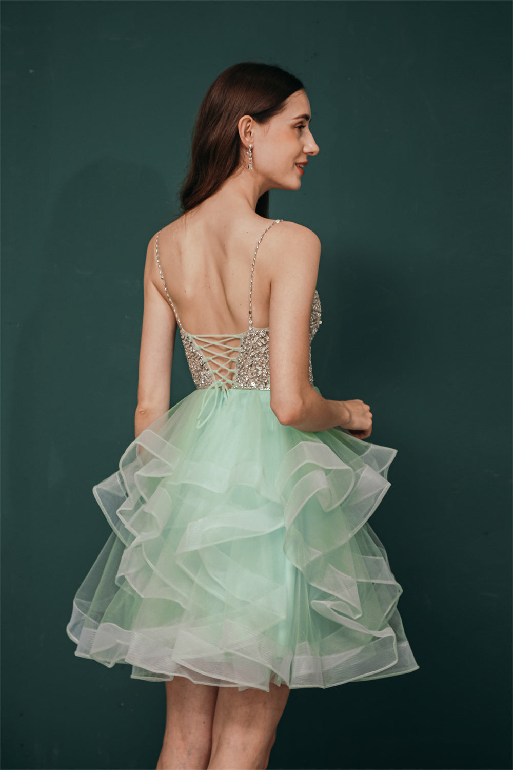 Sparkle Mint Green SPAGHETTI STRAP Beaded Homecoming Dress, Green / US2 Sparkle Mint Green SPAGHETTI STRAP Beaded Homecoming Dress, Green / US2