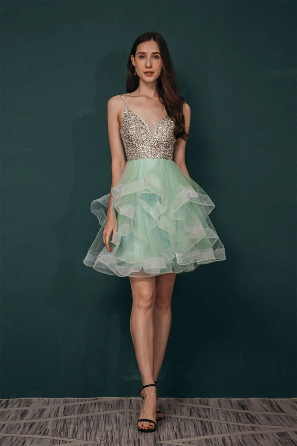 Sparkle Mint Green SPAGHETTI STRAP Beaded Homecoming Dress, Green / US2 Sparkle Mint Green SPAGHETTI STRAP Beaded Homecoming Dress, Green / US2