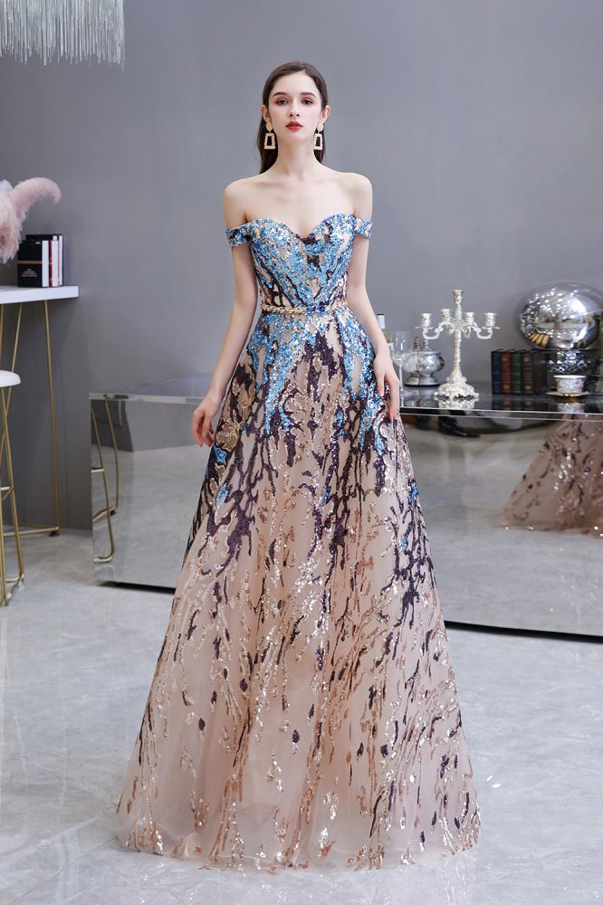 prom rainbow dress Sparkle Off-the-Shoulder Rainbow sequin A-line Long Prom Party Gowns