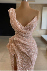 Sparkle One shoulder Sleeveless Sequined Mermaid Prom Party Gowns-Ballbella