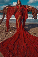 Sparkle Red Extreme Long Train Chic Criss-cross Long Sleevess Prom Party Gowns-Ballbella