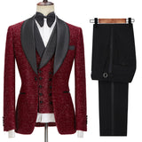 Sparkle Red Three Pieces Wedding Suits with Black Shawl Lapel-Ballbella