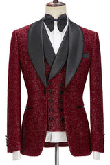 Sparkle Red Three Pieces Wedding Suits with Black Shawl Lapel-Ballbella