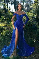 Sparkle Royal Blue One sleeve Off-the-shoulder High Split Prom Dresses-Ballbella