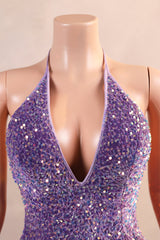 Sparkle Sequin Purple Halter V-neck Sleeveless Feathers Prom Dresses-Ballbella