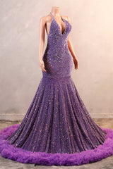Sparkle Sequin Purple Halter V-neck Sleeveless Feathers Prom Dresses-Ballbella