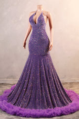 Sparkle Sequin Purple Halter V-neck Sleeveless Feathers Prom Dresses-Ballbella