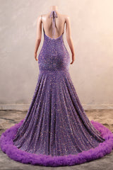 Sparkle Sequin Purple Halter V-neck Sleeveless Feathers Prom Dresses-Ballbella