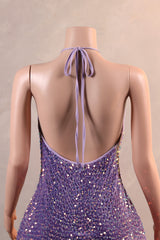 Sparkle Sequin Purple Halter V-neck Sleeveless Feathers Prom Dresses-Ballbella