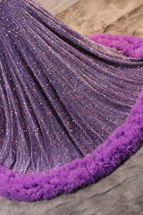 Sparkle Sequin Purple Halter V-neck Sleeveless Feathers Prom Dresses-Ballbella