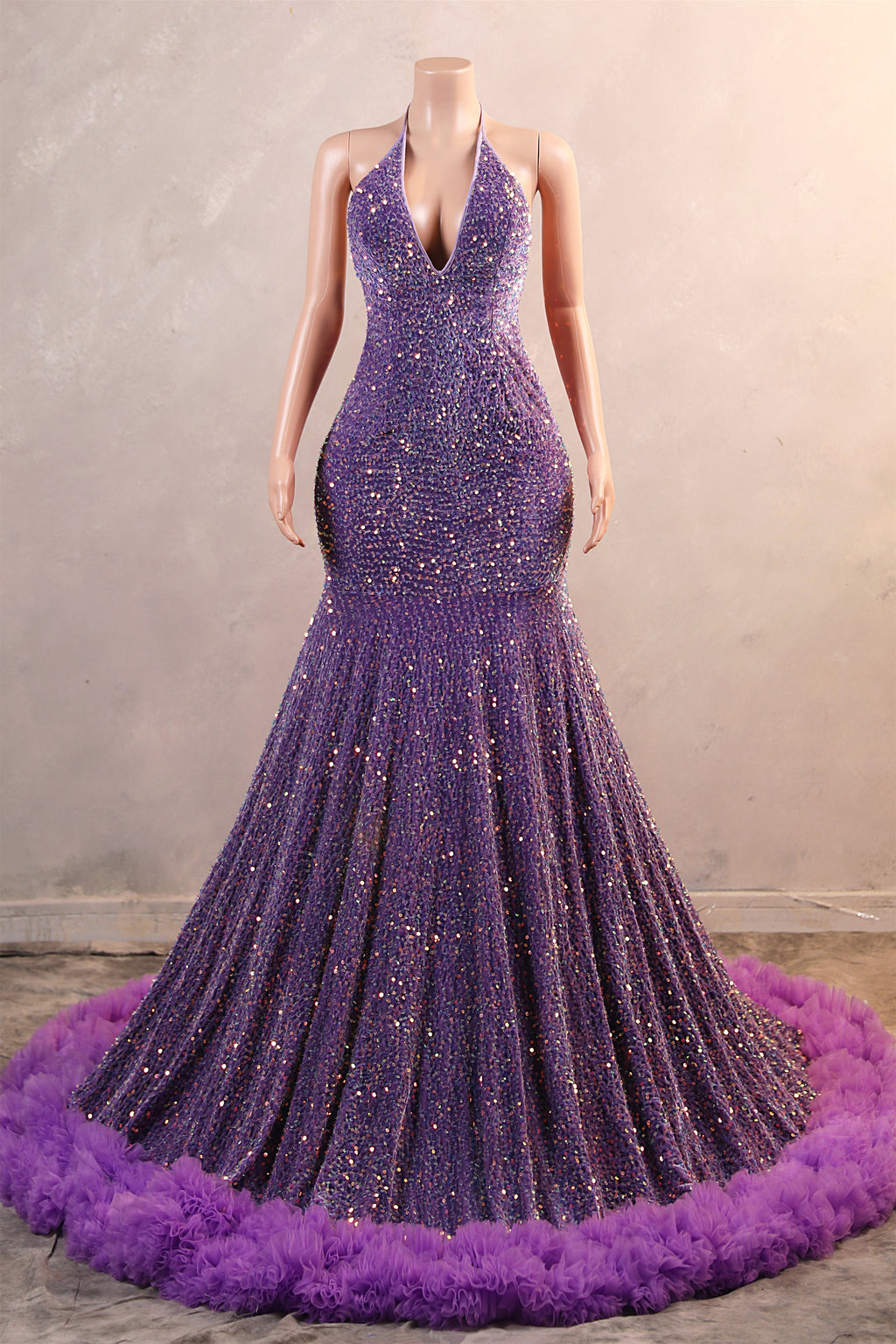 Sparkle Sequin Purple Halter V-neck Sleeveless Feathers Prom Dresses Sparkle Sequin Purple Halter V-neck Sleeveless Feathers Prom Dresses