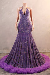 Sparkle Sequin Purple Halter V-neck Sleeveless Feathers Prom Dresses-Ballbella