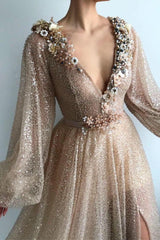 Sparkle Sequins Long Sleevess Prom Party Gowns| Chic V-neck Front Slit Long Prom Party Gowns-Ballbella