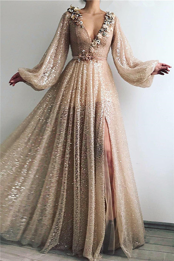 gaun dress party wear Sparkle Sequins Long Sleevess Prom Party Gowns| Chic V-neck Front Slit Long Prom Party Gowns