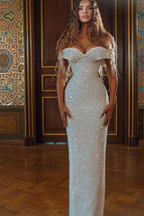 Sparkle White Off-the-shoulder Sequined Column Wedding Dress-Ballbella