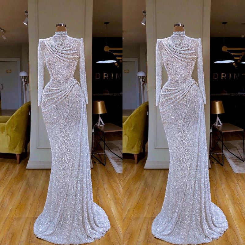 Sparkle White Sequin Long sleeves Pleated Long Prom Dress Sparkle White Sequin Long sleeves Pleated Long Prom Dress