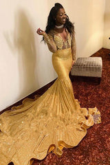 Sparkling Appliques Fit and Flare Prom Dresses Alluring Chic V-neck Gold Long Sleeves Evening Gowns-Ballbella