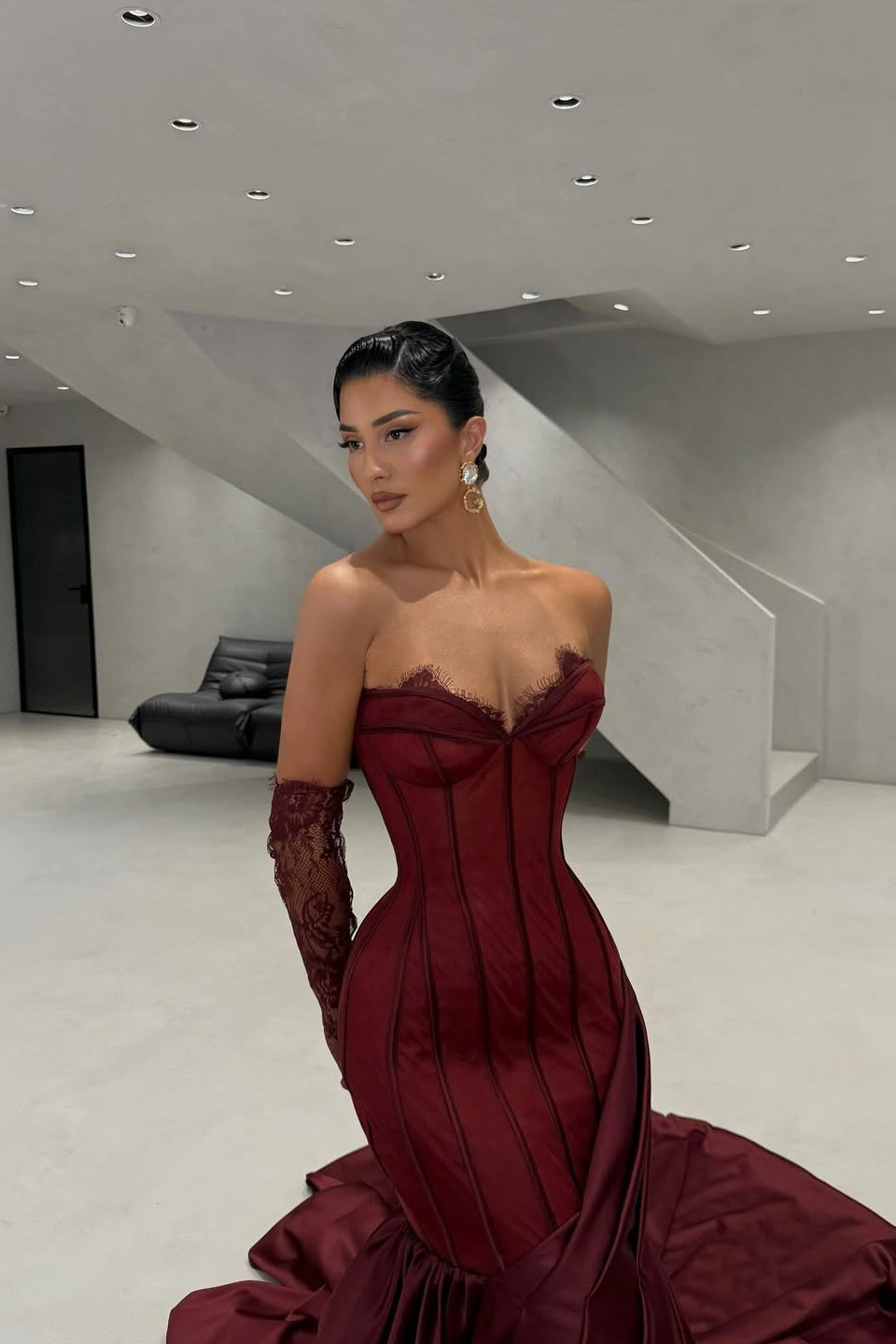burgundy strapless mermaid prom dress Strapless Mermaid Burgundy Lace Long Prom Dress with Side Slit, Mermaid Burgundy Formal Dress, Wine Red Lace Evening Dress A2247