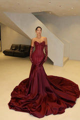 Sparkling Burgundy Sweetheart Strapless Satin Prom Dress Mermaid Sheath With Gloves-Ballbella