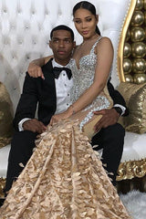 Sparkling Crystal Appliques Straps Prom Dresses Open Back Fit and Flare Evening Gowns-Ballbella