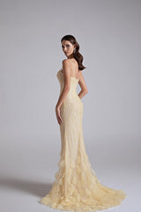 Sparkling Daffodil Spaghetti-Strap Sleeveless Prom Dress Mermaid Beading With Zipper-Ballbella