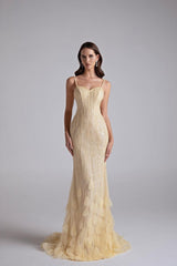 Sparkling Daffodil Spaghetti-Strap Sleeveless Prom Dress Mermaid Beading With Zipper-Ballbella