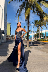 Sparkling Dark Navy V-Neck Strapless Sleeveless Satin Prom Dresses High Split Beads With Ruffles-Ballbella