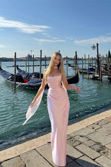 Sparkling Pink Square Straps Satin Prom Dresses Mermaid Column With Gloves-Ballbella