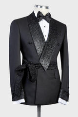 Sparkling Shawl Lapel Double-Breasted Black Wedding Suit with Belt-Ballbella