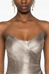 Sparkling Silver Strapless Sleeveless A-Line Prom Dress Lace-Up Back With Pleats-Ballbella
