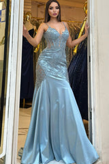 Sparkling V-Neck Spaghetti-Straps Sleeveless Satin Lace Prom Dress Sheath With Beads-Ballbella