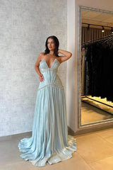 Sparkling V-Neck Strapless Sleeveless Prom Dress A-Line Gem With Pleats-Ballbella